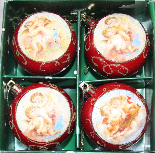 4 Kugeln aus Kunststoff Baumschmuck Christbaumschmuck rot Engel