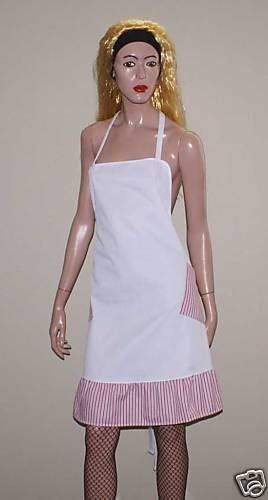 Bib apron, solid color or striped, white, cotton/polyester.