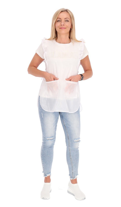 Chasuble Kasack Überwurf Schürze Dederon Nylon Nostalgie Rüsche weiß