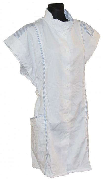 7/8 Kasack Kittel Schürze kurz Baumwolle/Polyester weiß/hellblau