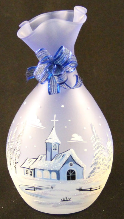 schöne Dekoration fürs Teelicht aus Glas in leichtem blau für Weihnachten handbemalt