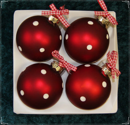 Christmas tree ornaments, Christmas baubles, glass figurines, pendants, tree decorations, handmade, mouth-blown, red/white, Christmas