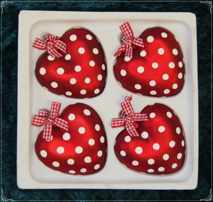 Christmas tree ornaments, Christmas baubles, glass figurines, pendants, tree decorations, handmade, mouth-blown, red/white, Christmas