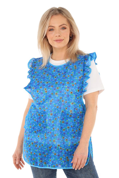 Floral pinafore apron with ruffle, two side pockets, tie-back fastening