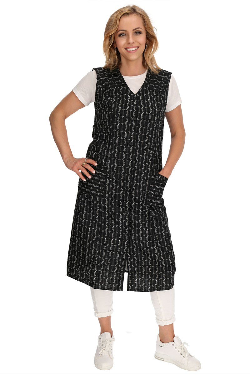 Button-front house dress, colorful, cotton, apron, smock, sleeveless