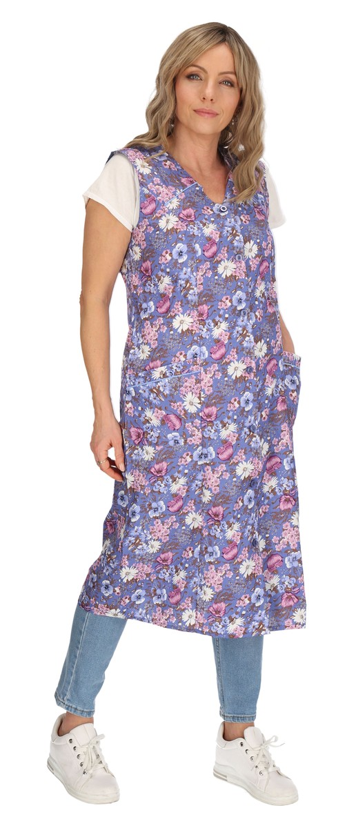 Button-front house dress, colorful, cotton, apron, smock, sleeveless