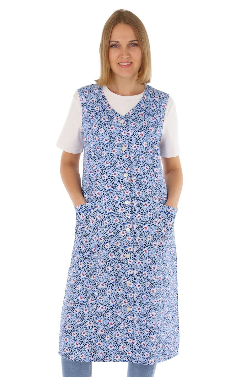Button-front house dress, colorful, cotton, apron, smock, sleeveless