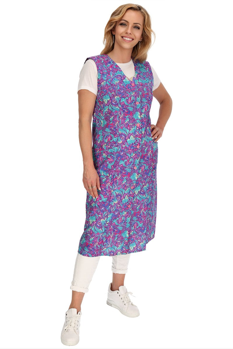 Button-front house dress, colorful, cotton, apron, smock, sleeveless