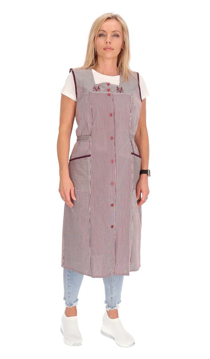 Knopfkittel Baumwolle gestreift Kochschürze Hauskleid Kittel Schürze Gürtel