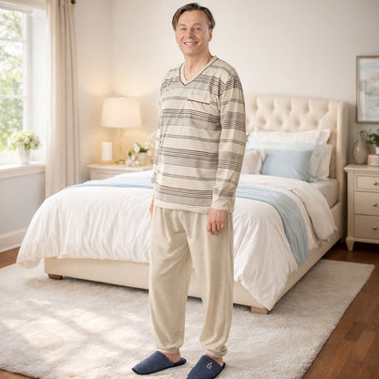 Pajamas Men's long Shirt+Pants Sleepwear Nightwear