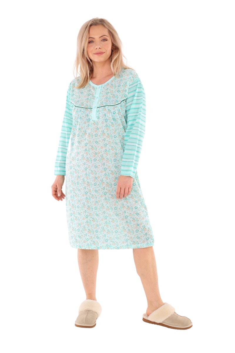 Women's Long-Sleeved Striped Nightgown Nightdress Sleepshirt Nightwear