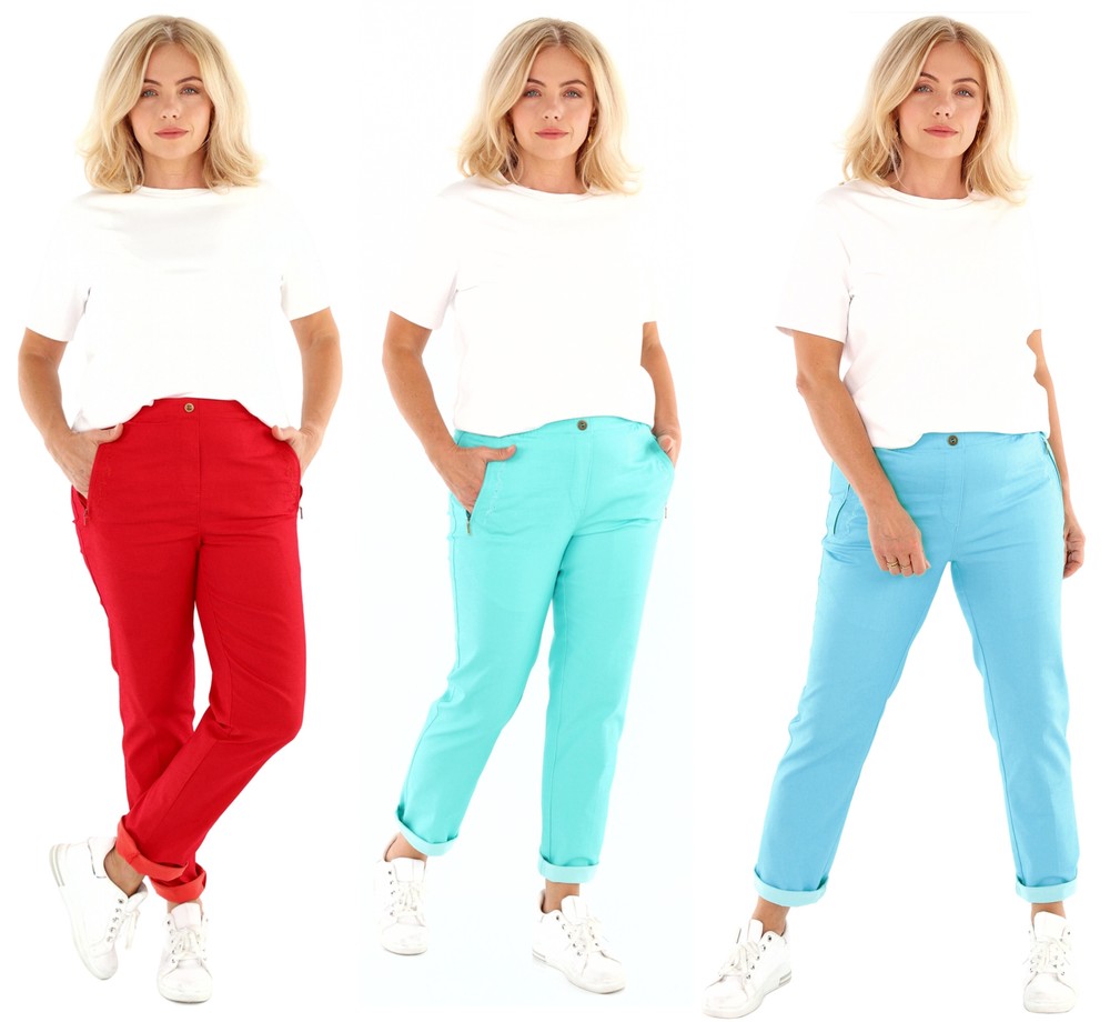 Damen Chino Schlupfhose mit Gummibund und Zierknopf, in Rot, Grün oder Türkis