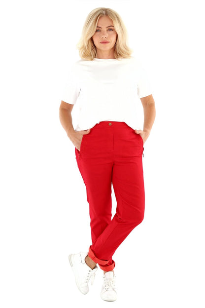 Damen Chino Schlupfhose mit Gummibund und Zierknopf, in Rot, Grün oder Türkis