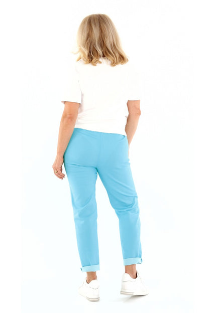 Damen Chino Schlupfhose mit Gummibund und Zierknopf, in Rot, Grün oder Türkis