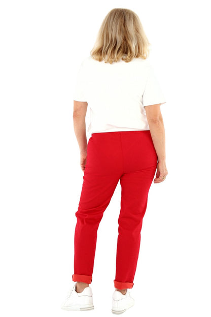 Damen Chino Schlupfhose mit Gummibund und Zierknopf, in Rot, Grün oder Türkis