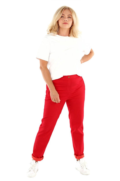 Damen Chino Schlupfhose mit Gummibund und Zierknopf, in Rot, Grün oder Türkis