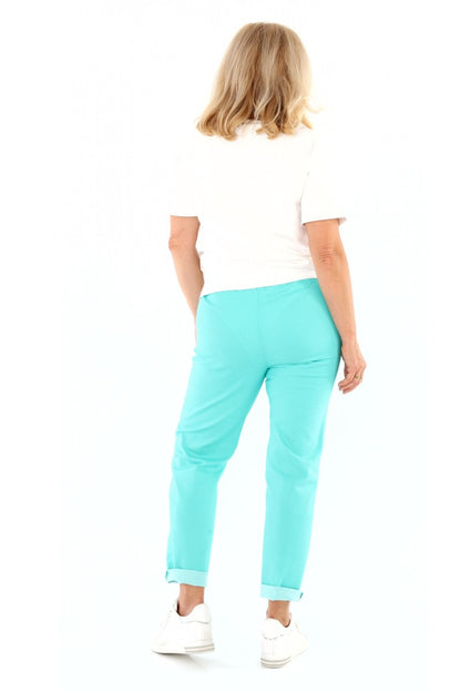 Damen Chino Schlupfhose mit Gummibund und Zierknopf, in Rot, Grün oder Türkis