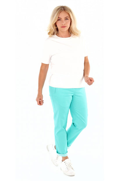 Damen Chino Schlupfhose mit Gummibund und Zierknopf, in Rot, Grün oder Türkis