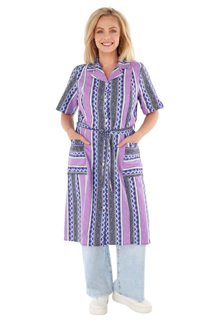 Knopfkittel Damen Baumwolle mit Gürtel 1/4 Arm V-Ausschnitt Taschen