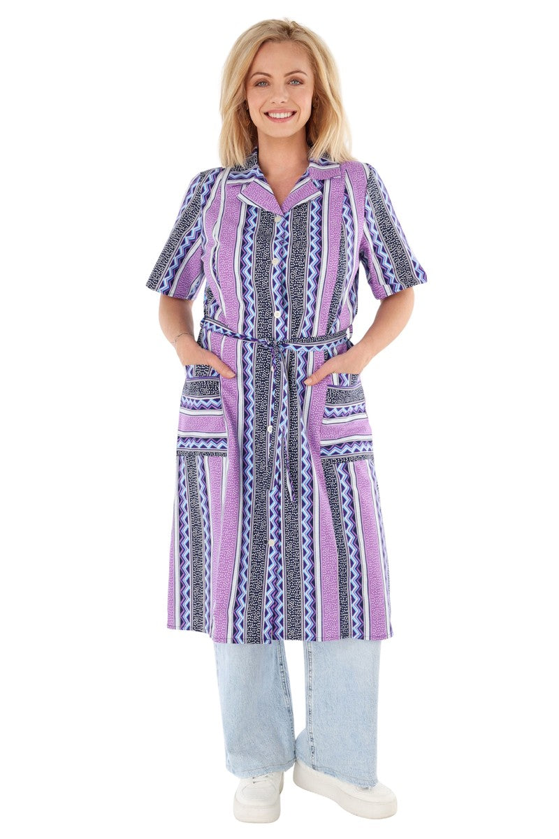 Women's Cotton Button-Front Tunic with Belt, 3/4 Sleeve, V-Neck, Pockets