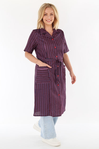 Knopfkittel Damen Baumwolle mit Gürtel 1/4 Arm V-Ausschnitt Taschen