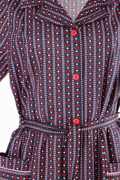 Knopfkittel Damen Baumwolle mit Gürtel 1/4 Arm V-Ausschnitt Taschen
