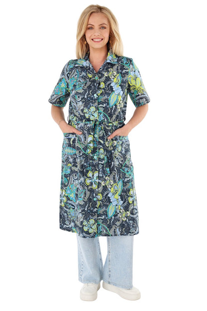 Knopfkittel Damen Baumwolle mit Gürtel 1/4 Arm V-Ausschnitt Taschen
