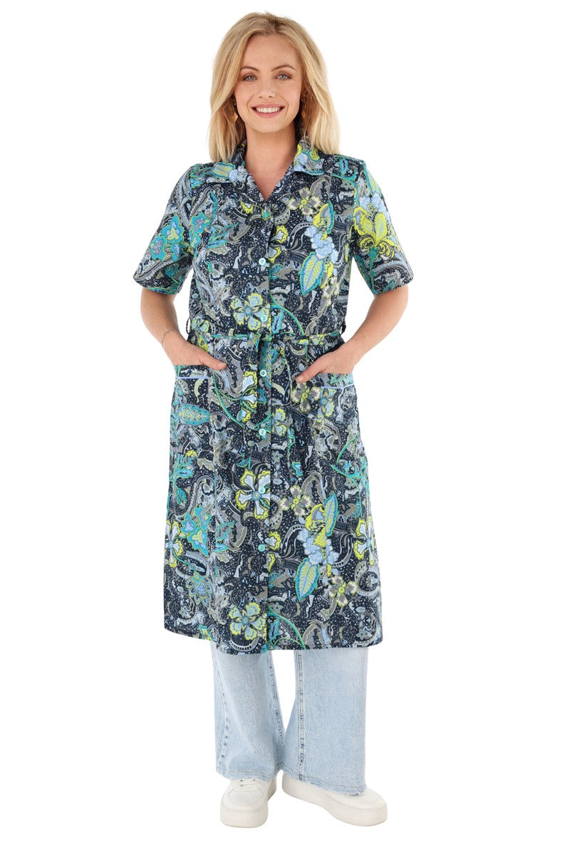 Women's Cotton Button-Front Tunic with Belt, 3/4 Sleeve, V-Neck, Pockets