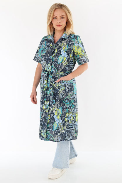 Knopfkittel Damen Baumwolle mit Gürtel 1/4 Arm V-Ausschnitt Taschen