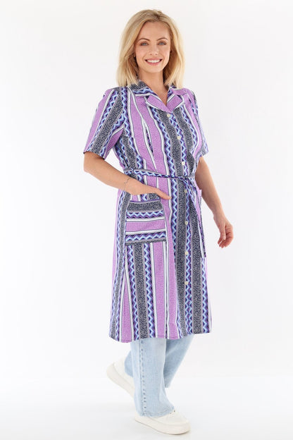 Knopfkittel Damen Baumwolle mit Gürtel 1/4 Arm V-Ausschnitt Taschen