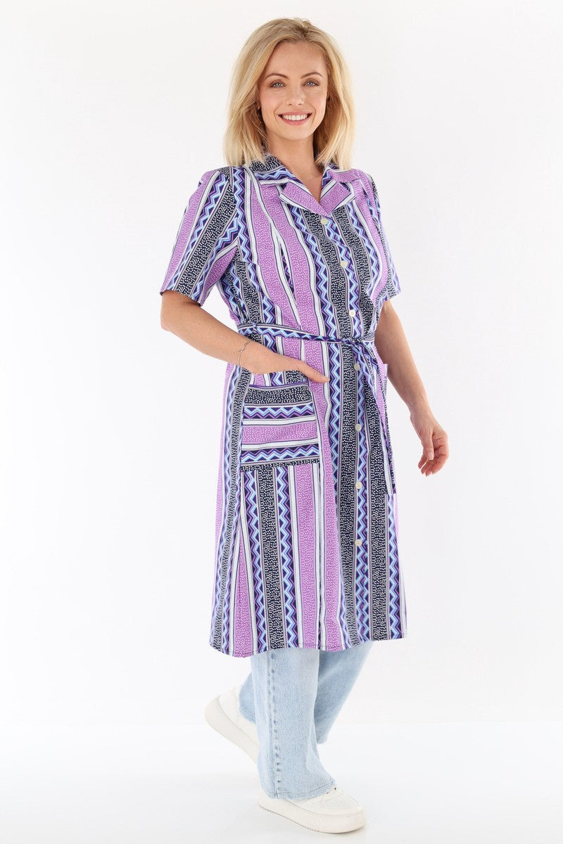 Knopfkittel Damen Baumwolle mit Gürtel 1/4 Arm V-Ausschnitt Taschen