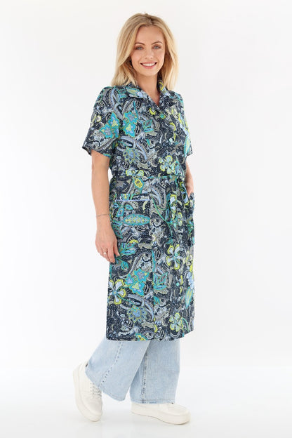 Knopfkittel Damen Baumwolle mit Gürtel 1/4 Arm V-Ausschnitt Taschen
