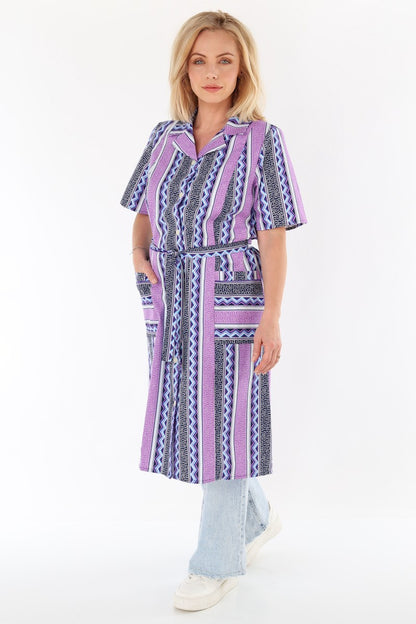 Knopfkittel Damen Baumwolle mit Gürtel 1/4 Arm V-Ausschnitt Taschen