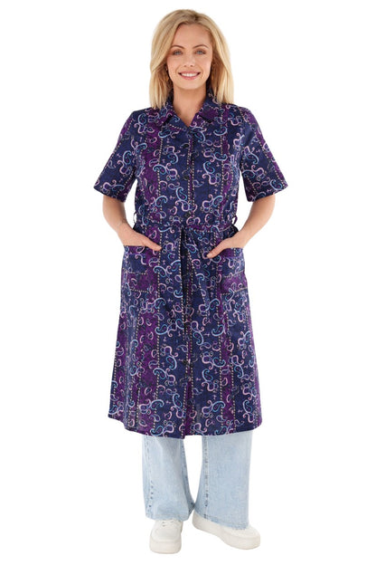 Knopfkittel Damen Baumwolle mit Gürtel 1/4 Arm V-Ausschnitt Taschen