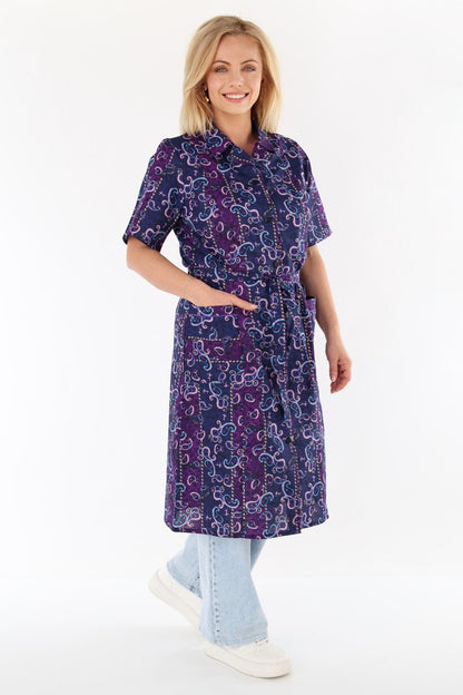 Knopfkittel Damen Baumwolle mit Gürtel 1/4 Arm V-Ausschnitt Taschen