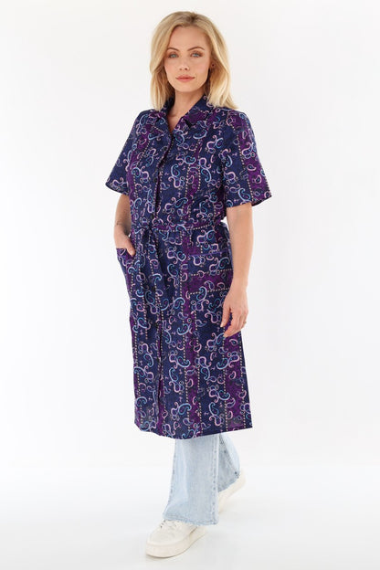 Knopfkittel Damen Baumwolle mit Gürtel 1/4 Arm V-Ausschnitt Taschen
