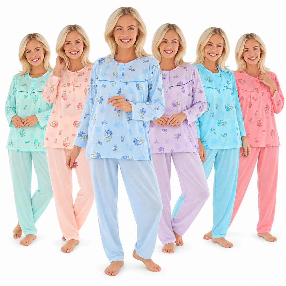 Damen Schlafanzug langarm lange Hose 65% Baumwolle verschiedene Farben