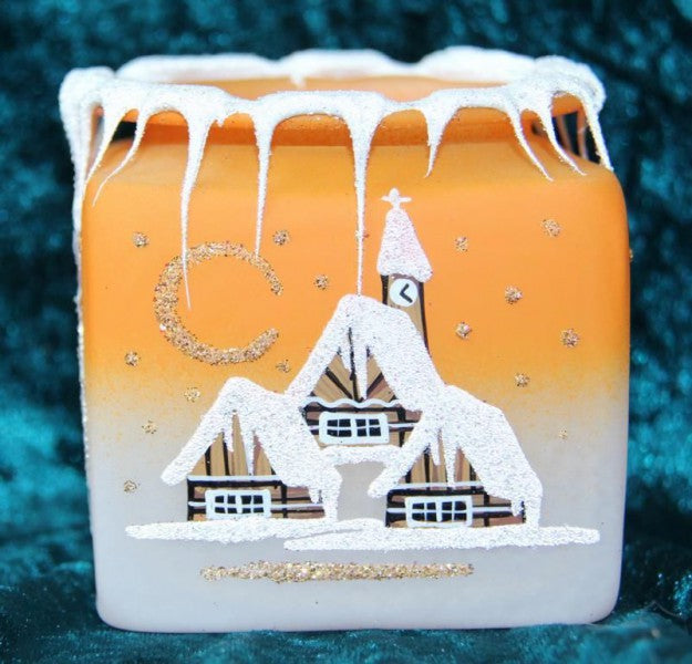 Kelch fürs Teelicht aus Glas orange Weihnachten handbemalt